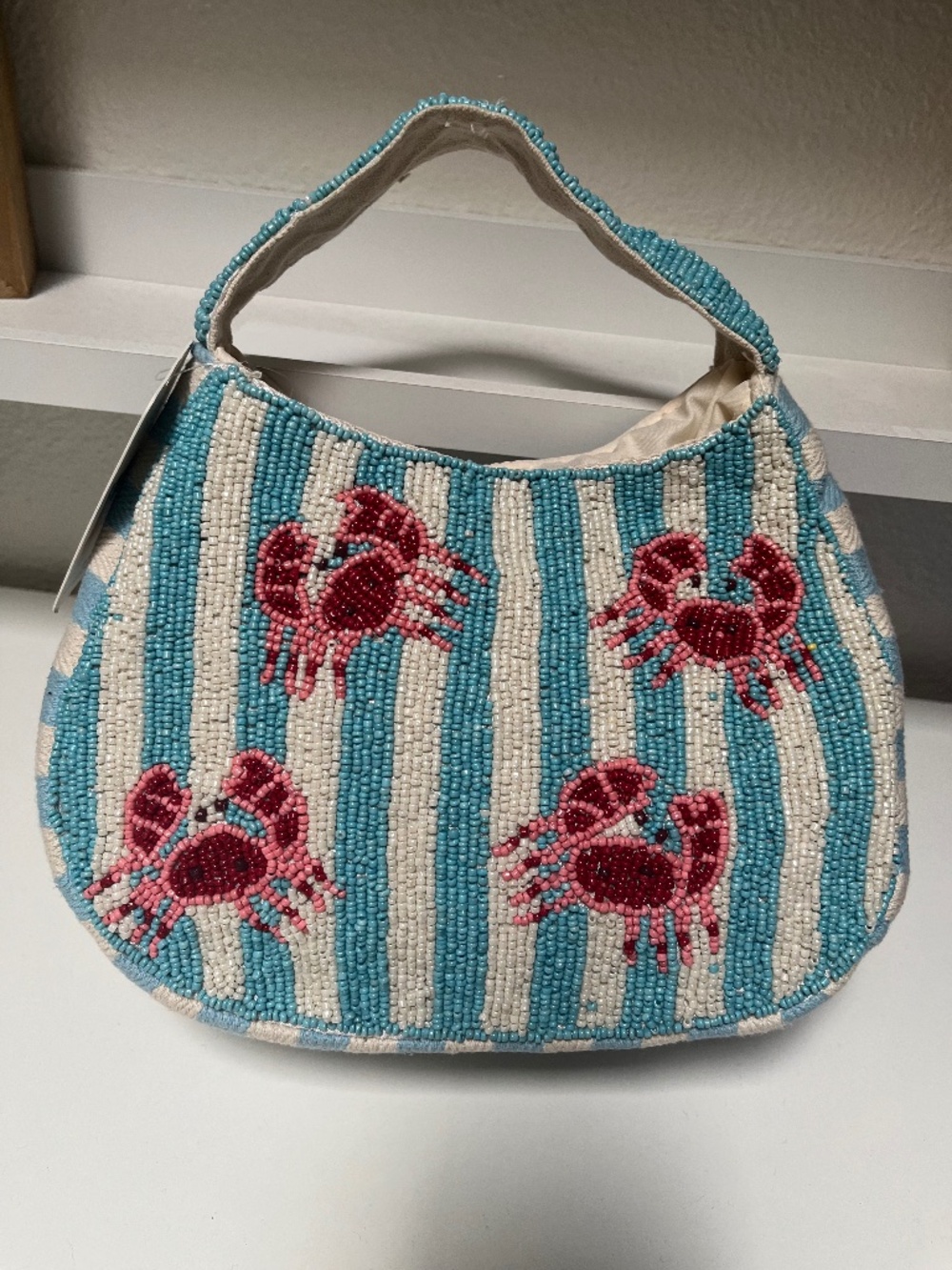LULU Beaded Crab Handbag Baby Blue & Cream Striped Coastal Shoulder Bag NWT 🦀